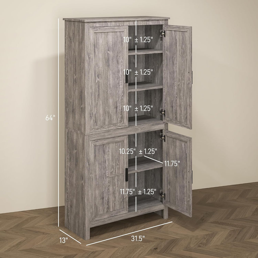 HOMCOM 64" Kitchen Pantry Cabinet, Freestanding Storage Cabinet with 4 Doors and 3 Adjustable Shelves for Dining Room, Gray Oak