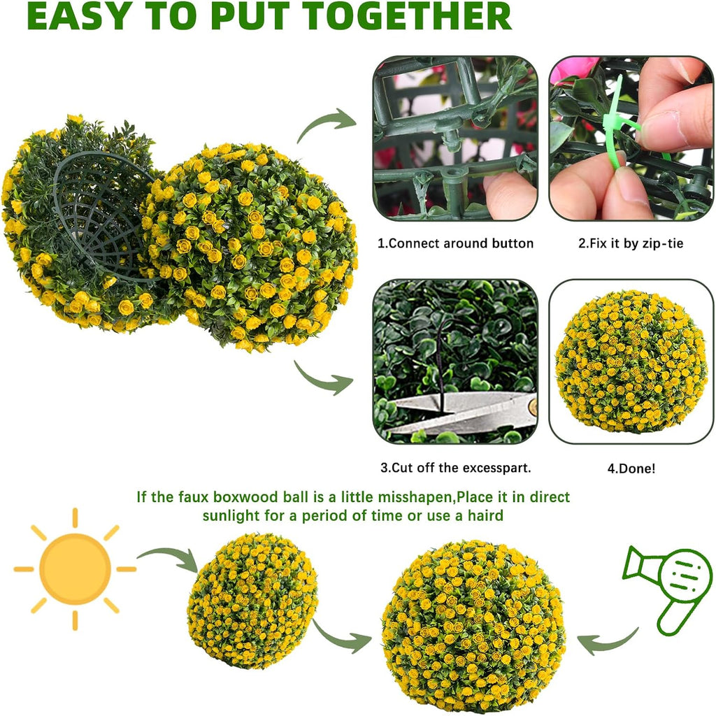 22 Inch Yellow Faux Rose Flower Spheres, 2 Pack Artificial Rose Topiary Balls with Hanging Chains and Zip Ties, Weatherproof Fake Floral Ornaments for Porch Patio Garden Indoor Wedding Decoration