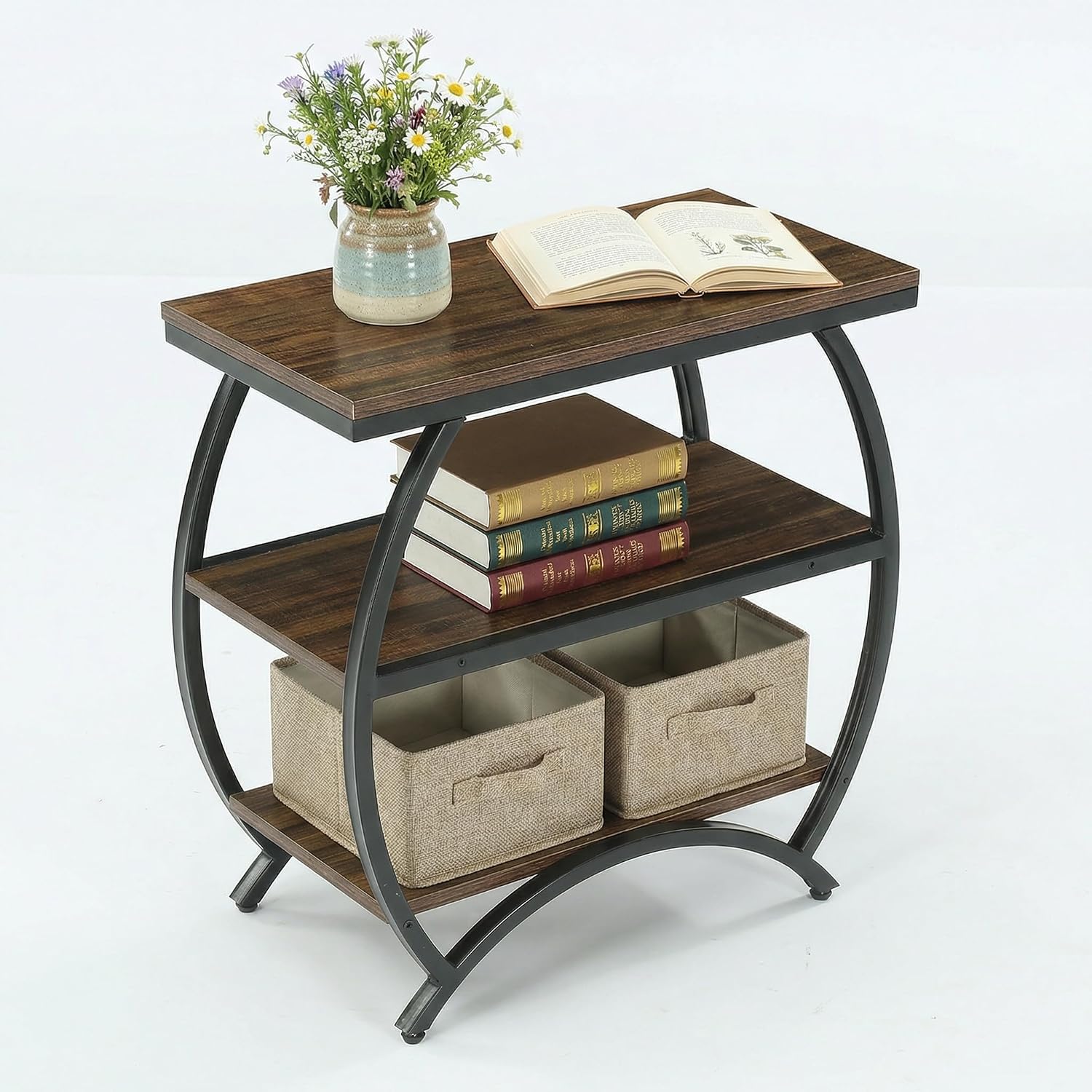 Tribesigns End Table for Living Room, Narrow Couch Side Table with 3-Tier Storage Shelves, Small Bedside Nightstand with Metal Frame, Rustic Brown