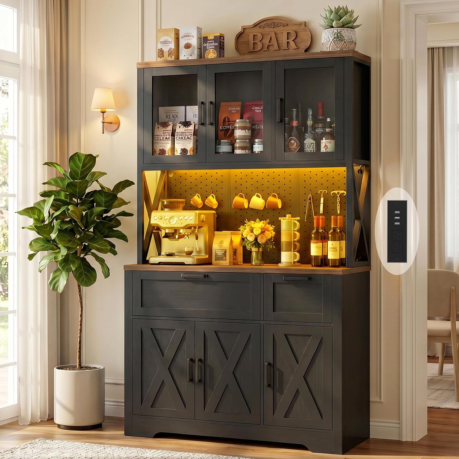 Unikito 71" Tall Pantry Cabinet, Kitchen Pantry Storage Cabinet with Charging Station & LED Lights, Freestanding Microwave Stand Coffee Bar Hutch with Drawers & DIY Pegboard for Dining Room, Black
