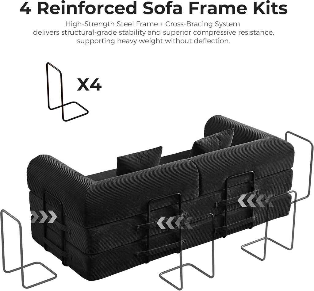 79" 5-in-1 Convertible Sofa Bed No Assembly, Boneless Couch Bed with High Density Foam, Foldable Sleeper Sofa, Corduroy Modular Couch for Apartment, Studio, Dorm Room, Small Space, Black