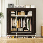 Portable Wardrobe 3 Rods 3 Drawers 3 Compartments Non-Woven Fabric Metal Frame Small Room (Brown, 57.5 in)