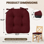 downluxe Indoor Chair Cushions for Dining Chairs, Tufted Overstuffed Textured Kitchen Chair Pads with Ties and Non-Slip Backing, 15.5" x 15.5" x 4", Burgundy, 6 Pack