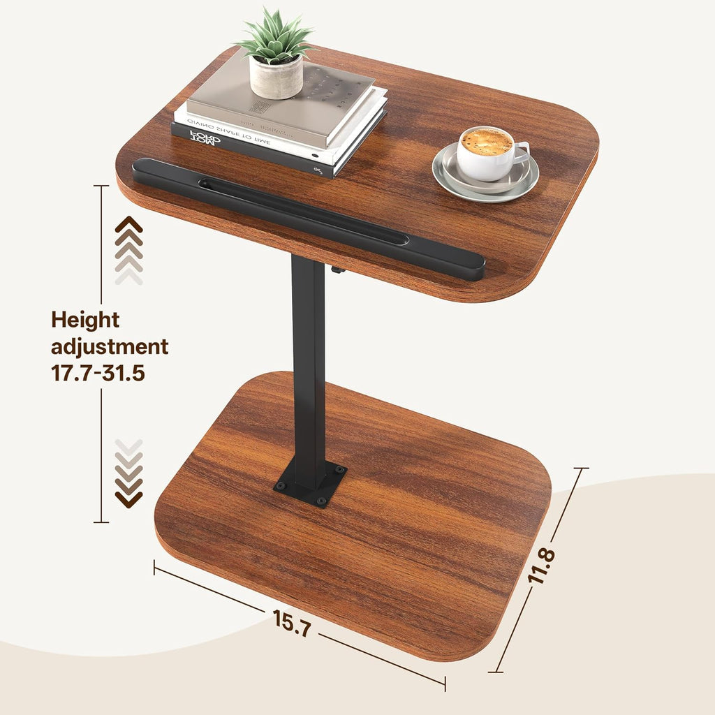 TV Tray Table, Adjustable Height, Flip-Top, Snack Side Table with 360° Swivel and 180° Tilt, C Shaped End Table for Couch, Sofa, Bed, Recliner, Walnut