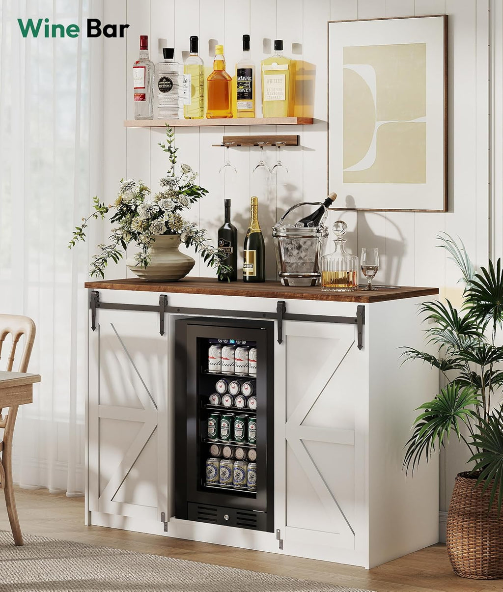 Lamtor Coffee Bar Cabinet with Storage - 53" Farmhouse Coffee Bar with Barn Doors, Mini Fridge Cabinet with Power Outlet for Kitchen Dining Room Living Room, White