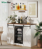 Lamtor Coffee Bar Cabinet with Storage - 53" Farmhouse Coffee Bar with Barn Doors, Mini Fridge Cabinet with Power Outlet for Kitchen Dining Room Living Room, White