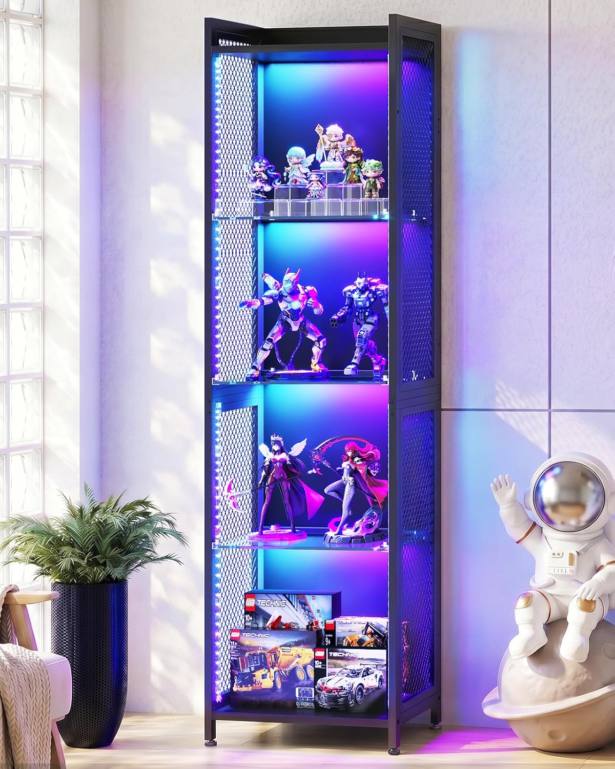 AODK Display Case with LED Lights, Display Cabinet with Open Glass Shelves for Small Space, 4-Tier Corner Display Shelf with Industrial Mesh, Curio Cabinet for Collectibles, Bookcase