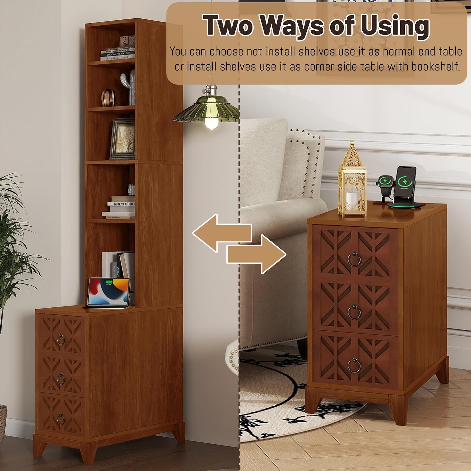 Wood Tall Nightstand with Charging Station, 70.9" Tall End Table with 3 Storage Drawers and 4 Open Shelves, Narrow Slim Sofa Side Table for Small Spaces, Living Room, Bedroom,Corner, Walnut