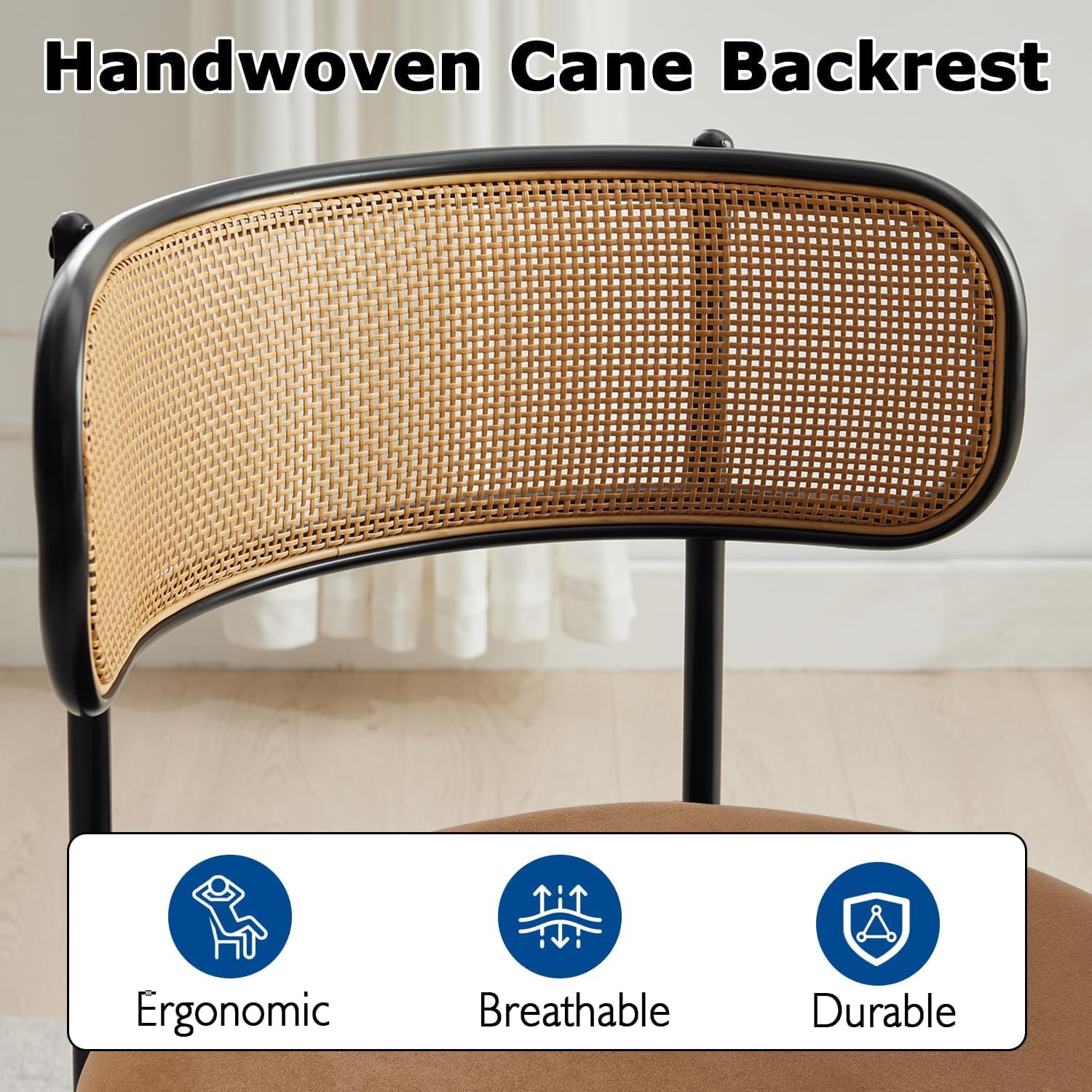 Brown Rattan Dining Chairs Set of 6, Mid-Century Modern Chair with Boucle, Kitchen Dining Room Chairs for Living Room with Metal Legs, Round Upholstered Sherpa