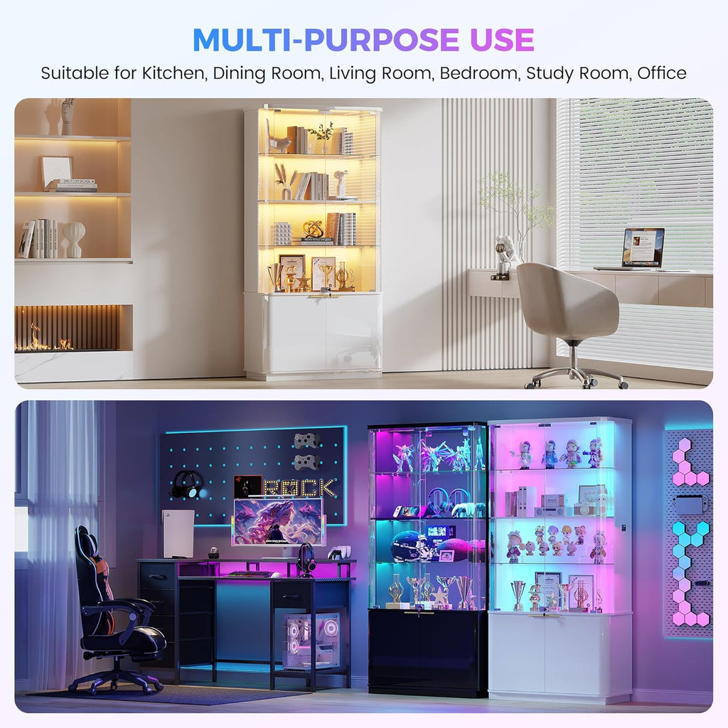 71" Tall RGB Display Cabinet with Glass Door, 6-Tier Rounded Curio Cabinet with Adjustable Shelves for Collectibles, Locking Trophy Display Case with LED Lights for Figures/Helmet/Football, White