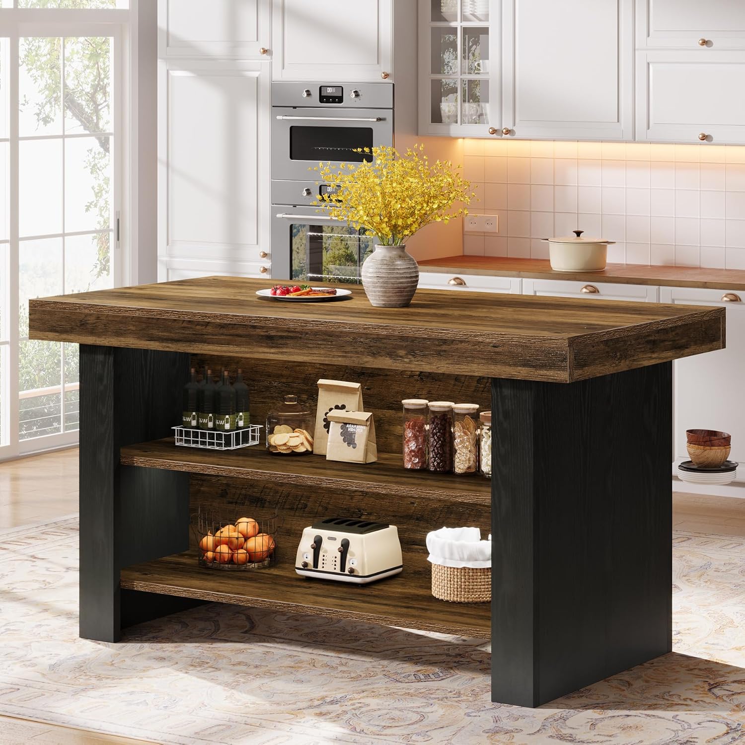Tribesigns 55-Inch Kitchen Island with Storage, Farmhouse Center Island Table for Kitchen, Dining Room, Living Room, Brown & Black