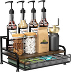 Coffee Syrup Rack Organizer, 3-Tier with 35 K-CUP Pod Holder Drawer | Black Metal Rack for 8 Syrup Bottles, Countertop Bottle Holder Stand for Wine, Space-Saving Design for Kitchen Cafe Station
