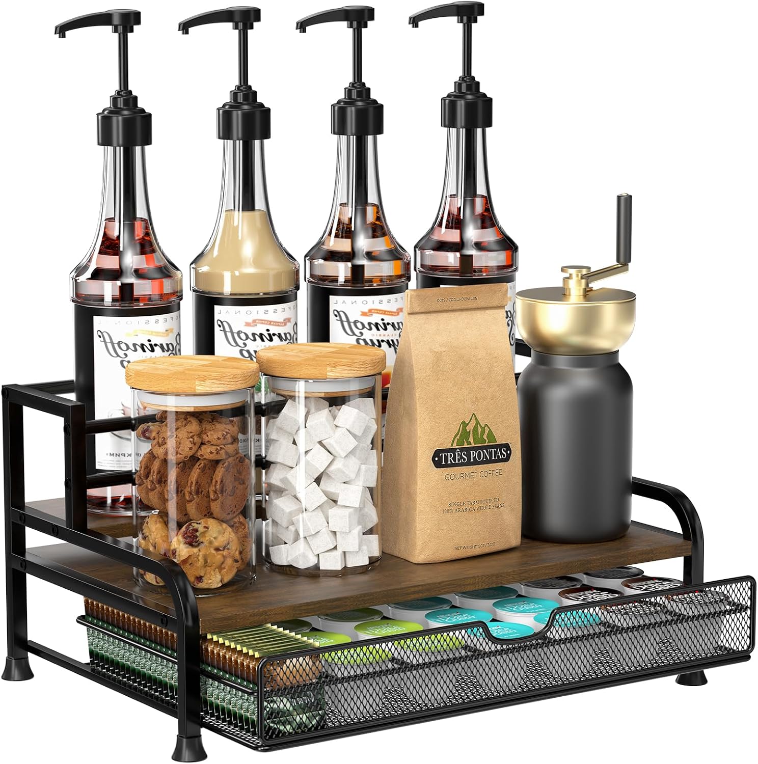Coffee Syrup Rack Organizer, 3-Tier with 35 K-CUP Pod Holder Drawer | Black Metal Rack for 8 Syrup Bottles, Countertop Bottle Holder Stand for Wine, Space-Saving Design for Kitchen Cafe Station