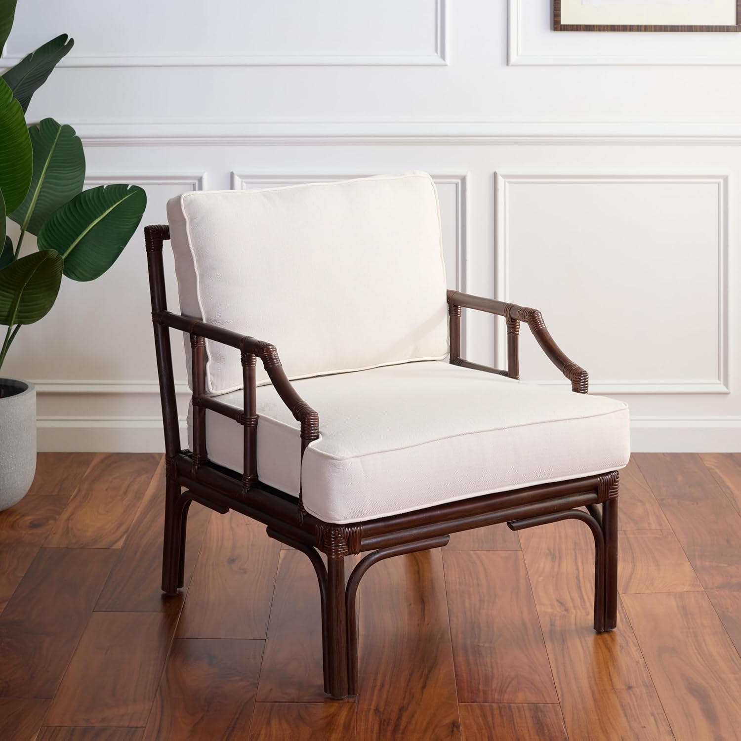 SAFAVIEH Furniture - Kazumi Accent Chair - Coastal Design White Cushion & Chocolate Brown Rattan - Fully Assembled - Ideal for Living Room, Bedroom, Dining Space, 19.7" Seat Height (ACH6508C)