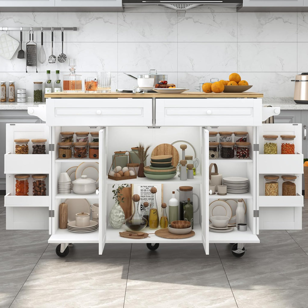 Squireewo 55" Kitchen Cart with Wood Top and Drop Leaf Breakfast Bar, Rolling Mobile Kitchen Island Table on Wheels with Drawer and Storage Cabinet, Spice Rack, Towel Rack, White