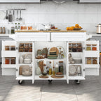 Squireewo 55" Kitchen Cart with Wood Top and Drop Leaf Breakfast Bar, Rolling Mobile Kitchen Island Table on Wheels with Drawer and Storage Cabinet, Spice Rack, Towel Rack, White