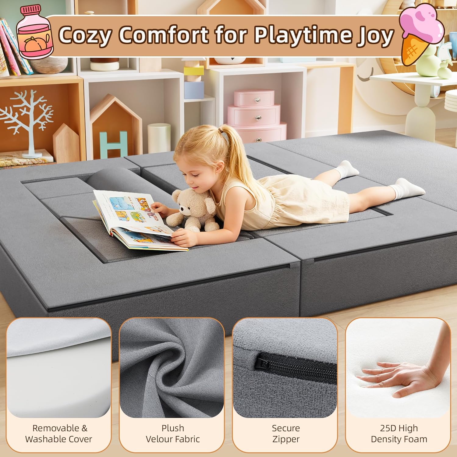 TOLEAD 11PCs Play Couch Sofa for Kids Imaginative Furniture Play Set for Creative Kids,Toddler to Teen Bedroom Furniture,Girls and Boys Playroom Sofa (Grey, 11PCs Play Couch)
