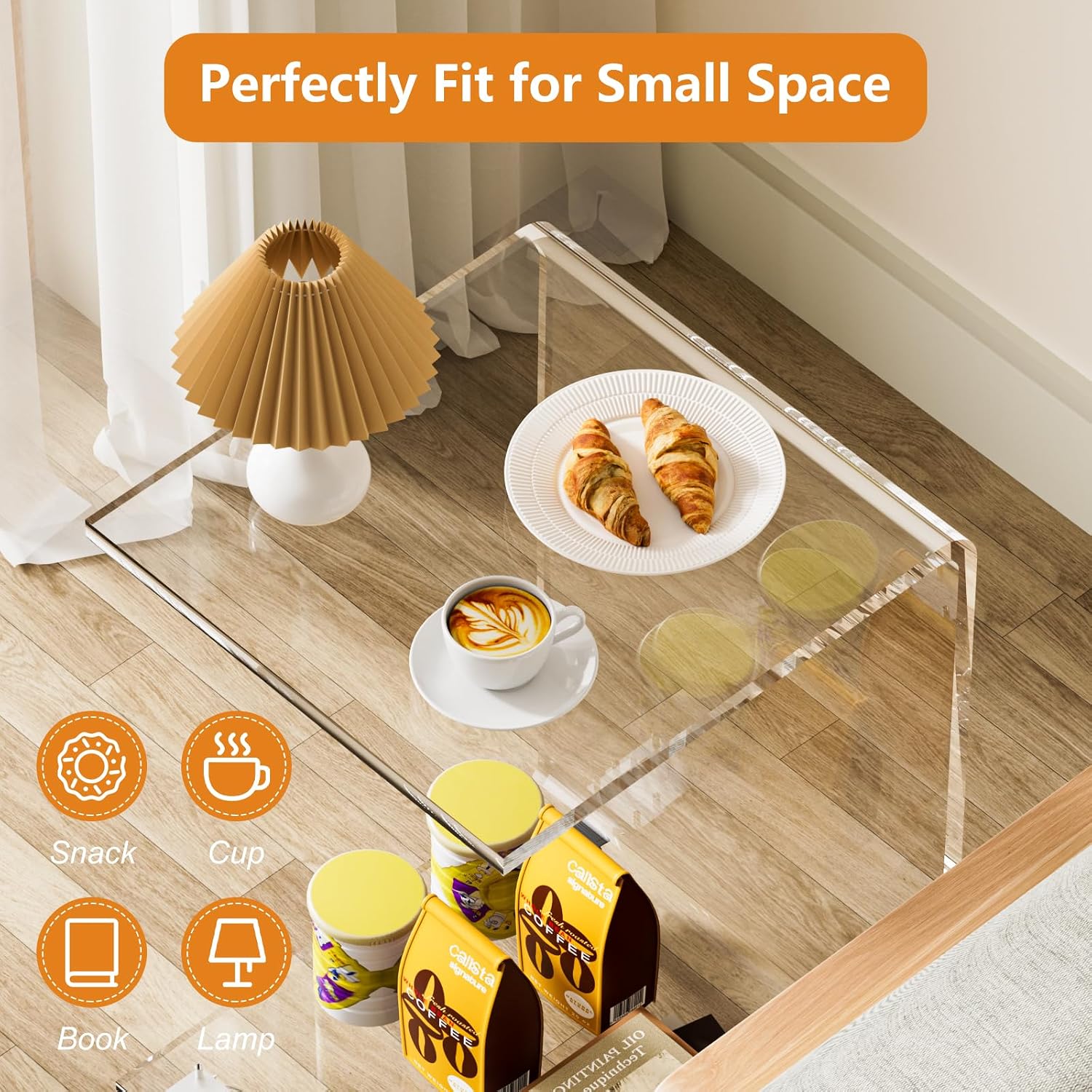 Acrylic Side Table with Wheels, Movable C Shaped Sofa Table with Storage, Rolling Nightstand, Clear End Table for Living Room, Bedroom, Office, Bedside, Couch