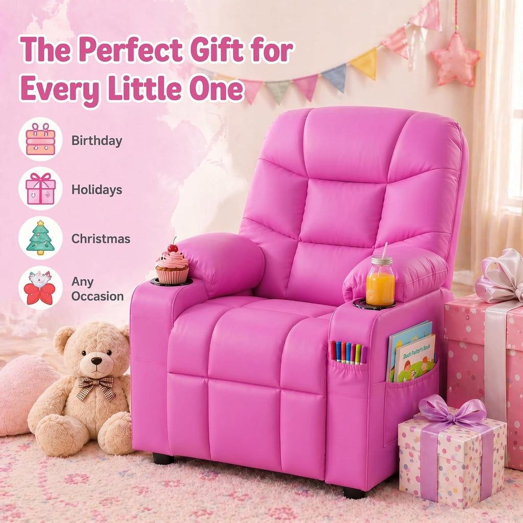 Donut Larger Kids Reclining Chair PU Leather Recliner Sofa Push Back Lounge Children Toddler Boys Girls Ages 3-12 with Dual Cup Holders and 4 Pockets