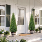 Artificial Cedar Trees 4FT Faux Cedar Topiary Evergreen Plants Outdoor Indoor Fake Cypress Pine Trees with Barrel Planter for Front Porch Entryway Patio Garden Home Decor Set of 2
