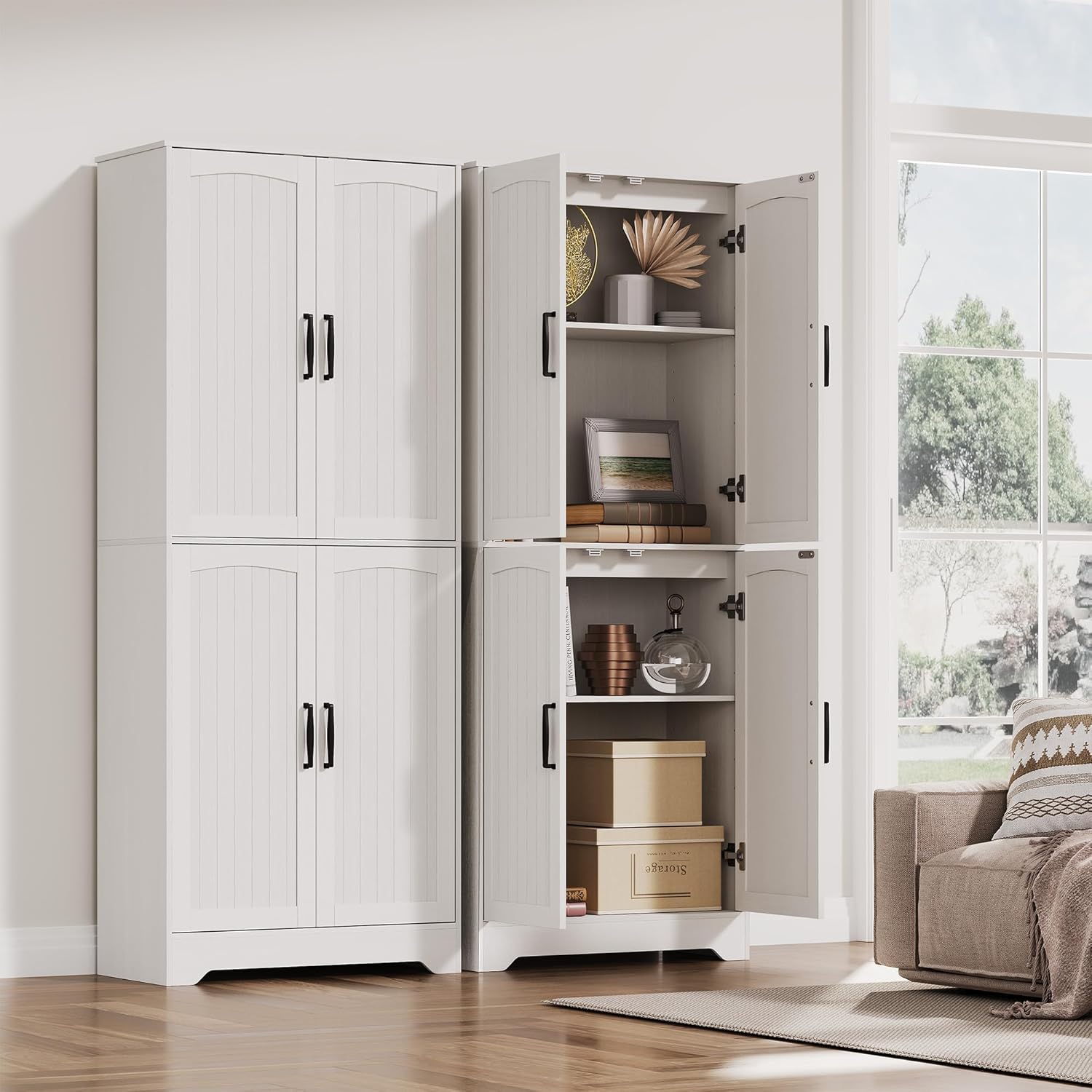 Farmhouse Pantry Cabinet, 71" Tall Wood Kitchen Storage Cabinet with 4 Doors & Adjustable Shelves, Large Freestanding Food Pantry Cupboard with Anti-Tip Kit for Kitchen, Dining Room, Living Room