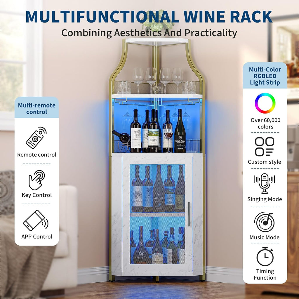 IDEALHOUSE Corner Bar Wine Cabinet with LED Lights & Glass Holder Wine Bar Rack Cabinet with Mesh Door & Glass Holder,Industrial Liquor Cabinet for Home, Kitchen, Dinning Room,Gold