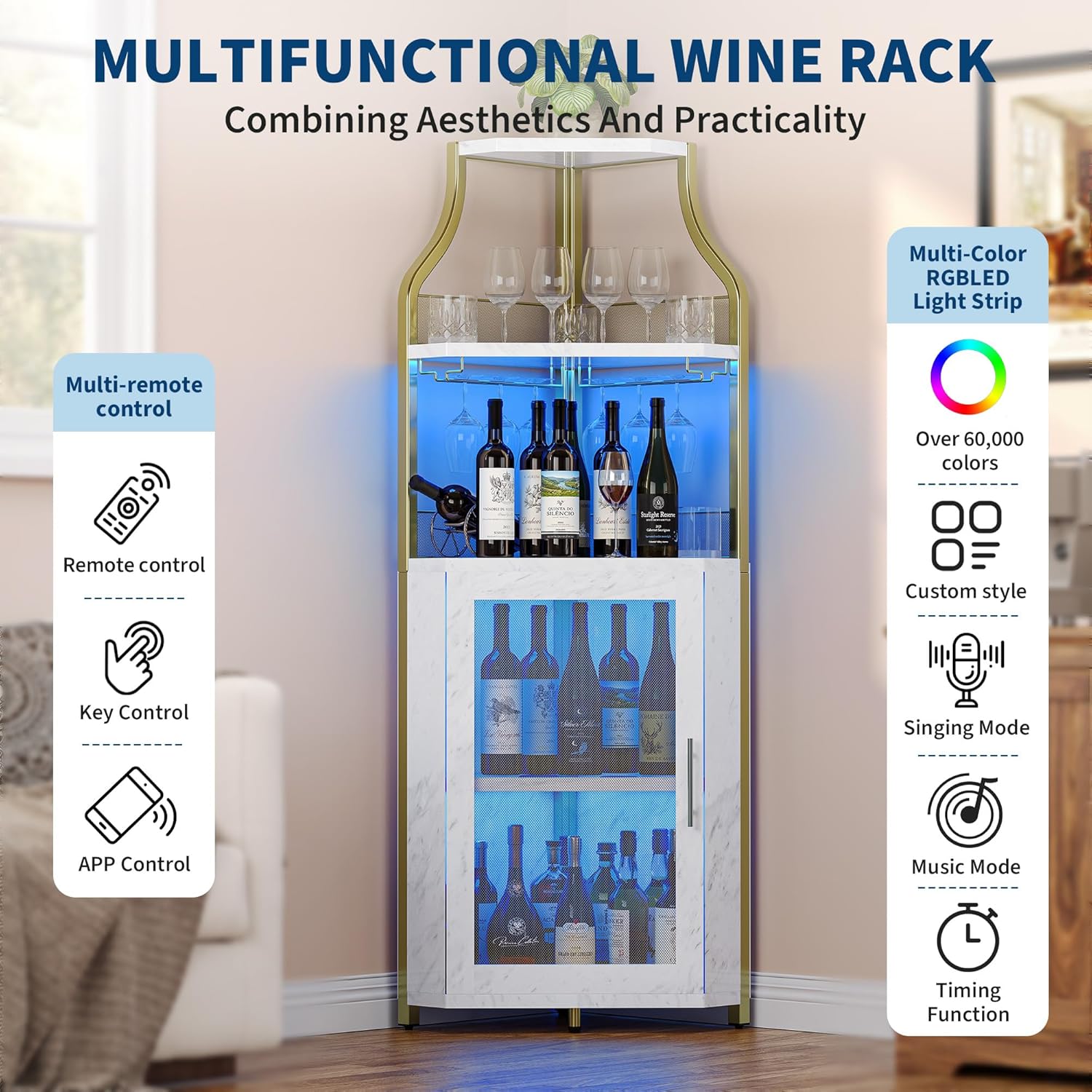 IDEALHOUSE Corner Bar Wine Cabinet with LED Lights & Glass Holder Wine Bar Rack Cabinet with Mesh Door & Glass Holder,Industrial Liquor Cabinet for Home, Kitchen, Dinning Room,Gold