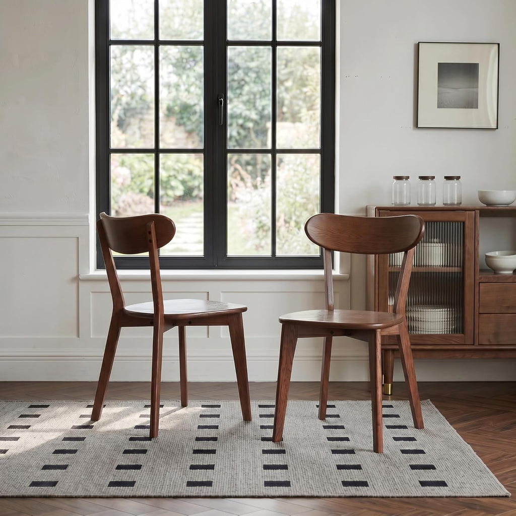 100% Solid Oak Dining Chairs Set of 4, Mid-Century Modern Dining Room Chairs, Wooden Kitchen Chairs with Curved Backrest, Walnut Brown Finish, Sillas de Comedor (4 Chairs)