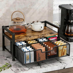 Tea Bag Organizer with 8-Compartment Mesh Drawer, Rustic Brown | Wood & Metal Holder, Spacious Storage Capacity, Smoothly Sliding Drawers, Divided Compartment Storage, Multi-Scene Use