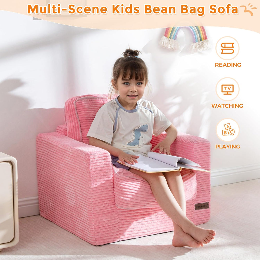 MAXYOYO Kids Bean Bag Chair, Upholstered Bean Bag Sofa Cloud Seat for Boys and Girls, Boneless Couch with Tufted Cushion & Pillows, Kids Sofa in A Box, No Assembly Required, Pink
