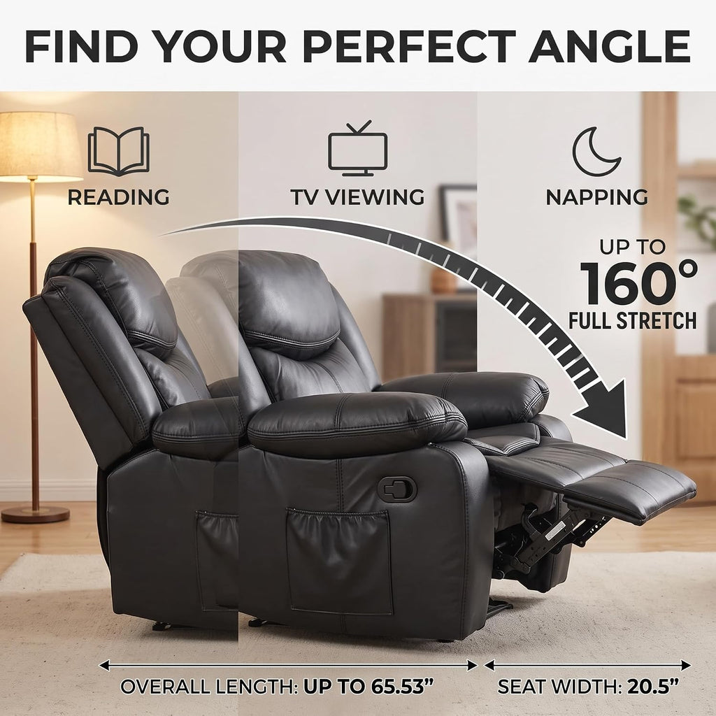 AILEEKISS Oversized Nursery Glider Recliner Rocking Chair | 90°-160° Recline Faux Leather Nursing Chair for Breastfeeding Bedroom, Massage & Heating Support，Black