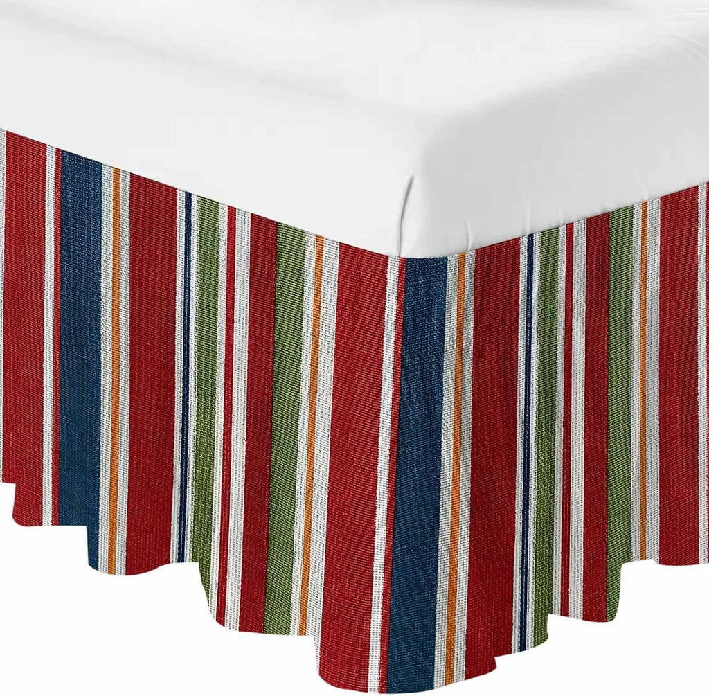 Red Green Striped Bed Skirt Queen Size 16 Inch Drop, Adjustable Elastic Bedskirt Dust Ruffle for Queen Bed, Farmhouse Vintage Minimalist Stripe Wrap Around Bed Skirts Luxurious Pleated Bed Frame Cover