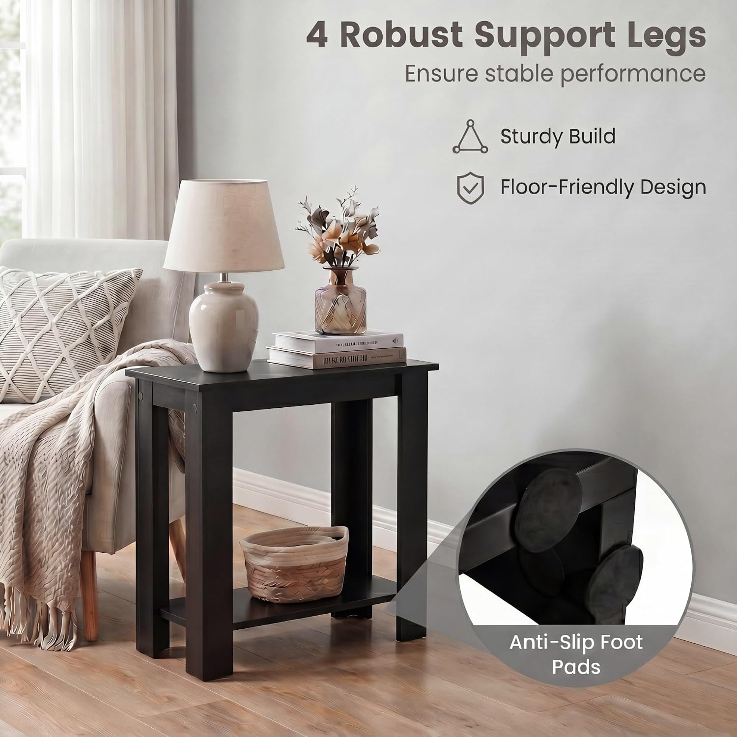 Tangkula 2-Tier Wooden Narrow End Table, Open Storage Side Nightstand, Retro Space Saving Sofa Accent Table for Living Room Bedroom, Easy Assembly (Black,2)