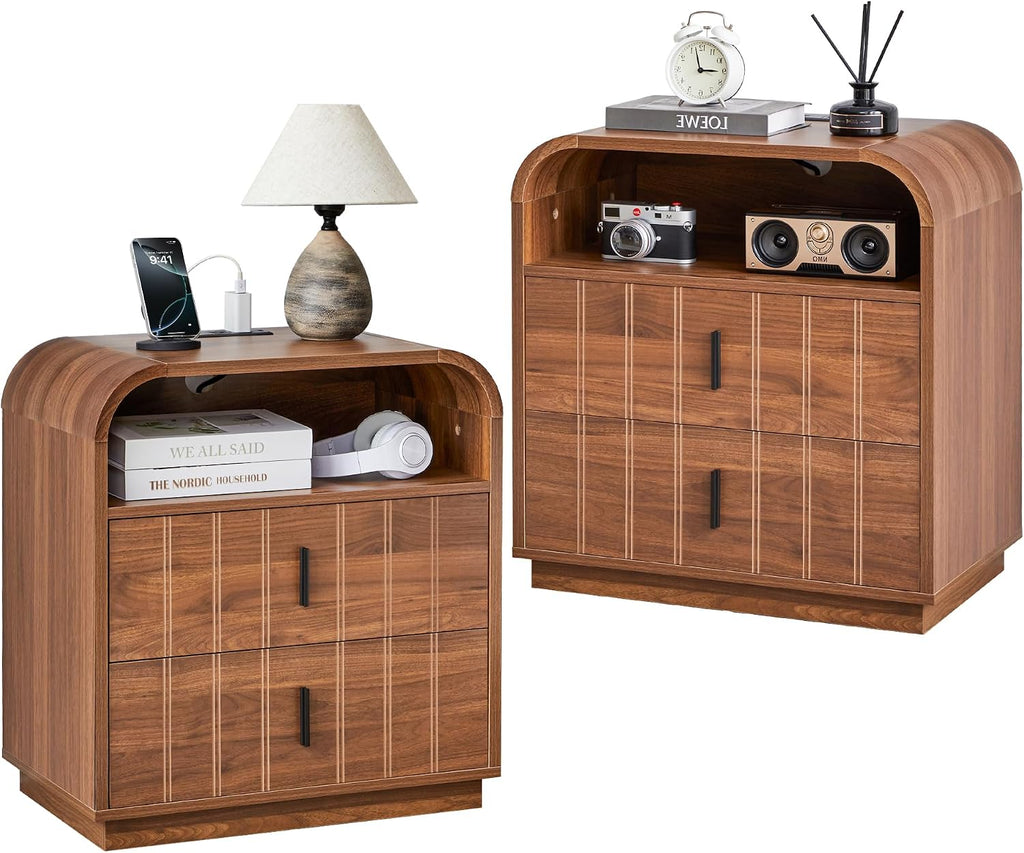 Large Nightstands Set of 2, Mid Century Modern Bedside Table with Charging Station, 2 Storage Drawers, Curved Side Table with Open Cubby Storage for Bedroom Living Room Offic, Walnut