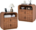 Large Nightstands Set of 2, Mid Century Modern Bedside Table with Charging Station, 2 Storage Drawers, Curved Side Table with Open Cubby Storage for Bedroom Living Room Offic, Walnut