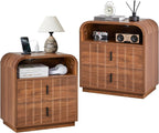 Large Nightstands Set of 2, Mid Century Modern Bedside Table with Charging Station, 2 Storage Drawers, Curved Side Table with Open Cubby Storage for Bedroom Living Room Offic, Walnut