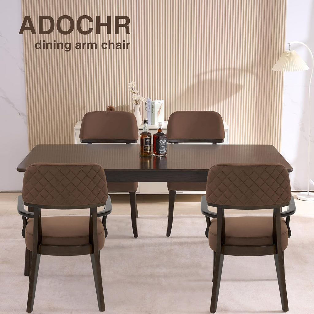 adochr Modern Wood Dining Chairs with Arms, Velvet Upholstered Kitchen Chairs with Open Curved Backrest & Hardwood Legs, Accent Chairs 350 LBS Capacity, Brown