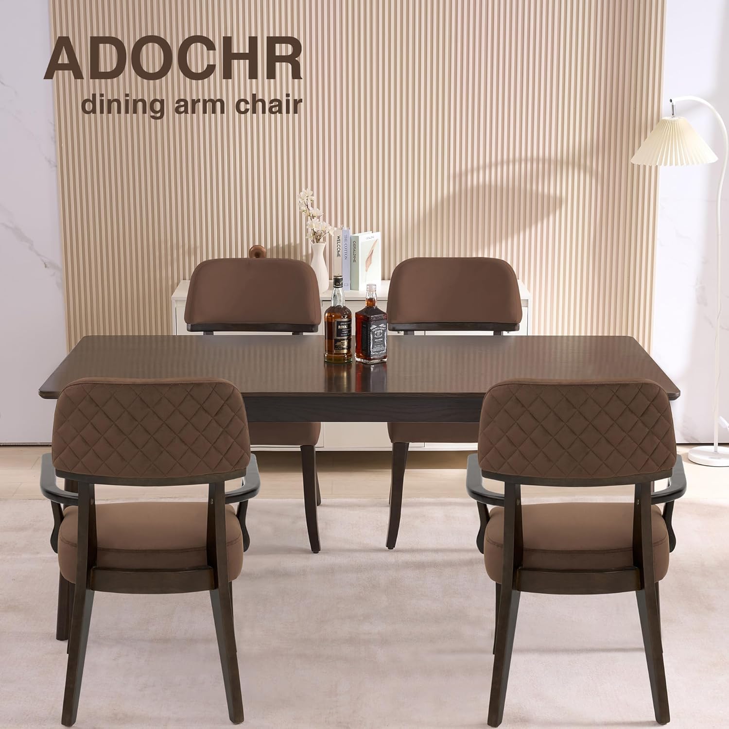 adochr Modern Wood Dining Chairs with Arms, Velvet Upholstered Kitchen Chairs with Open Curved Backrest & Hardwood Legs, Accent Chairs 350 LBS Capacity, Brown