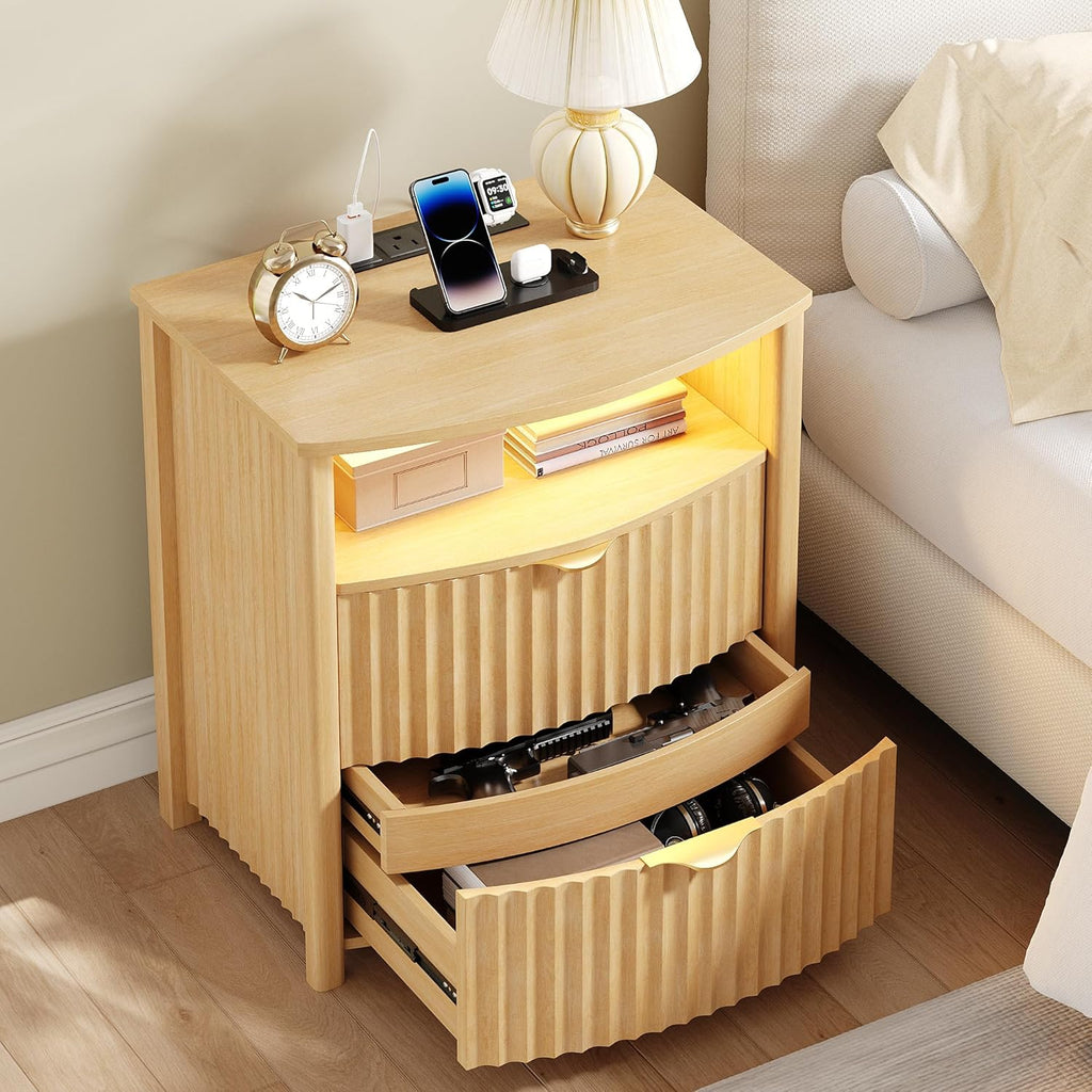 Dystler Fluted Night Stand with Gun Drawer & Card-Lock, 19.7" W Curved Nightstand with Charging Station and LED Lights, 2 Drawers Smart Bedside Table for Bedroom (1, Oak)
