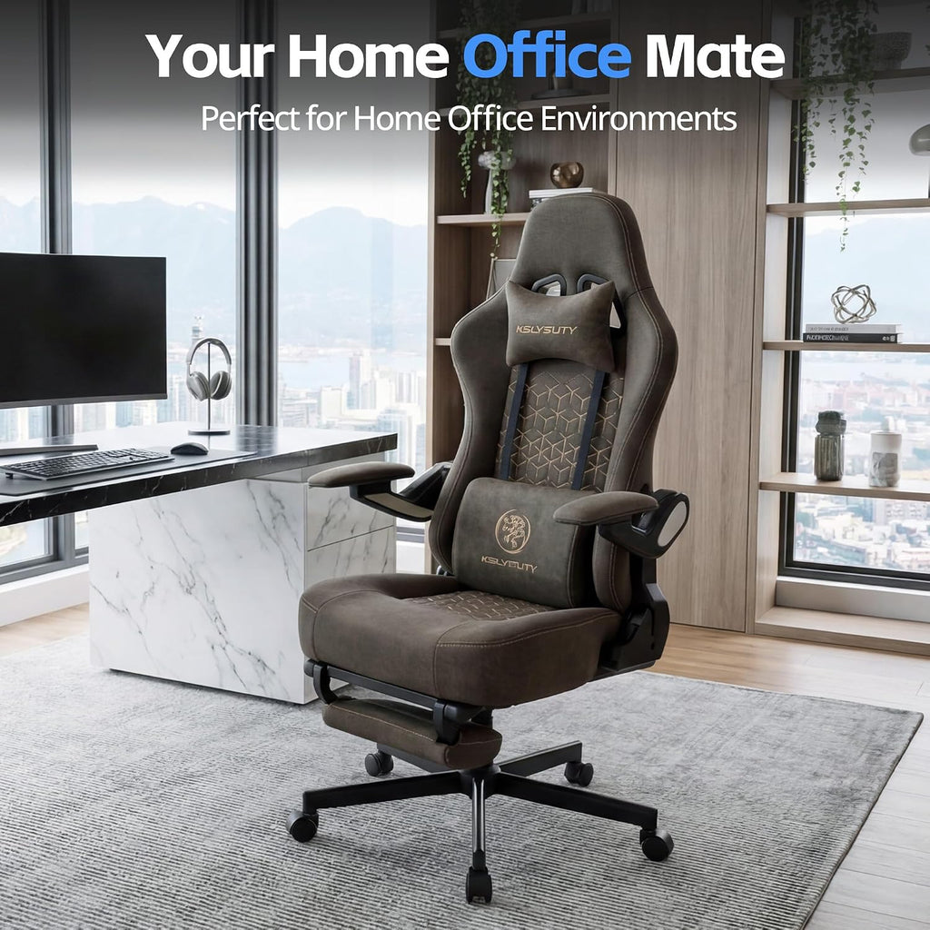 Ergonomic Gaming Chair for Adults - Big and Tall Desk Chair with Lumbar Support and Mechanical Arm Armrests, Comfortable Gamer Computer Chair, Gaming Chairs with Footrest (Grey Leather)