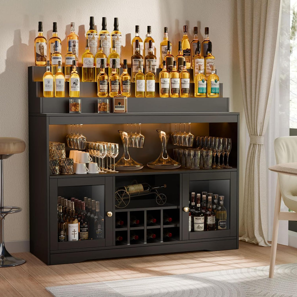 Loomie Wine Bar Cabinet with LED Lighted Liquor Bottle Display Shelf, Liquor Cabinet with Glass Holder, Coffee Bar for Liquor, Storage Buffet with Wine Racks, Wine Cabinet with Door (Black)