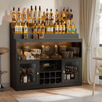 Loomie Wine Bar Cabinet with LED Lighted Liquor Bottle Display Shelf, Liquor Cabinet with Glass Holder, Coffee Bar for Liquor, Storage Buffet with Wine Racks, Wine Cabinet with Door (Black)
