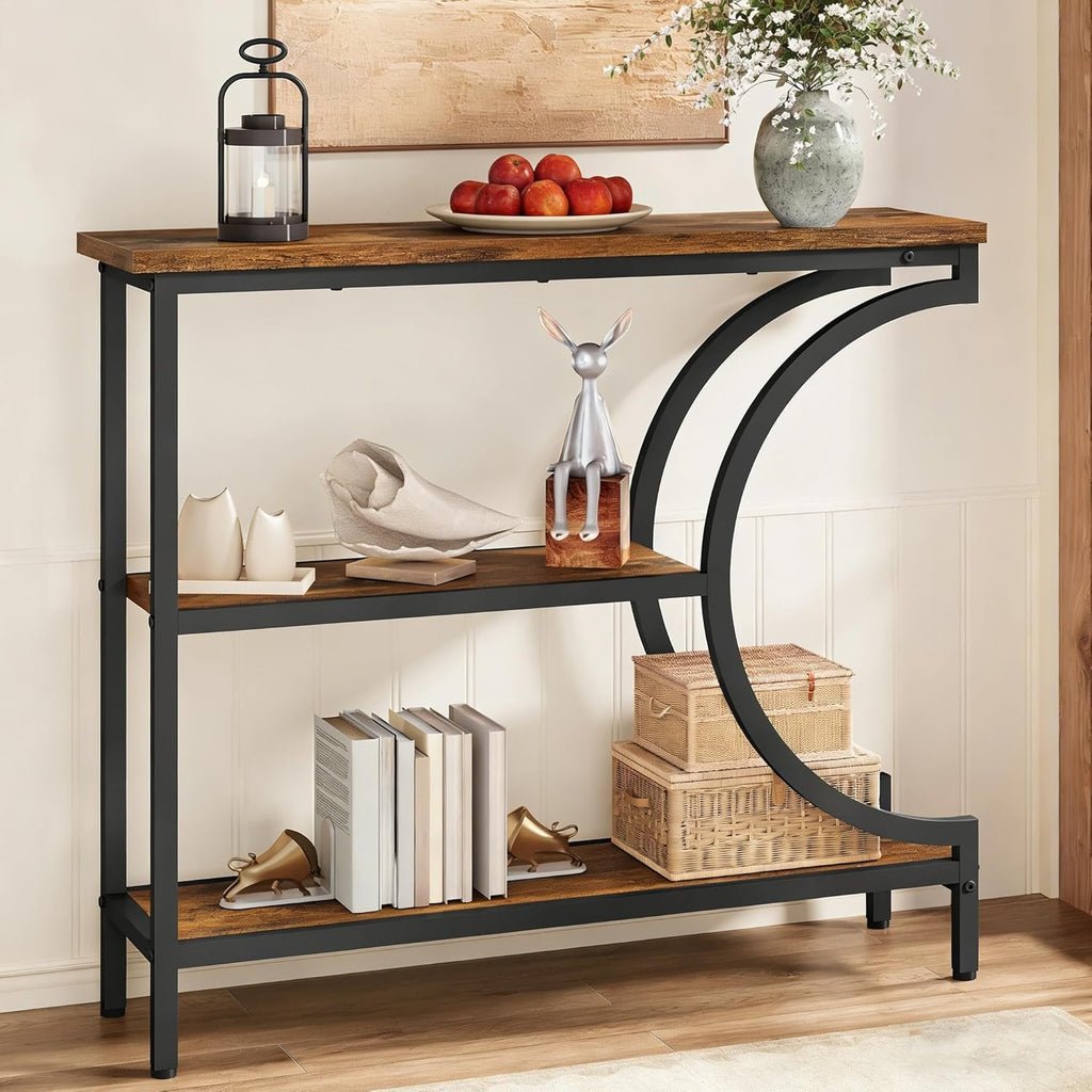 Hoctieon Console Table, 3-Tier Industrial Entryway Table with Storage, Hallway Tables, Narrow Entrance Sofa Tables, C-Shaped Metal Frame, Accent Tables with Shelves for Living Room, Rustic Brown