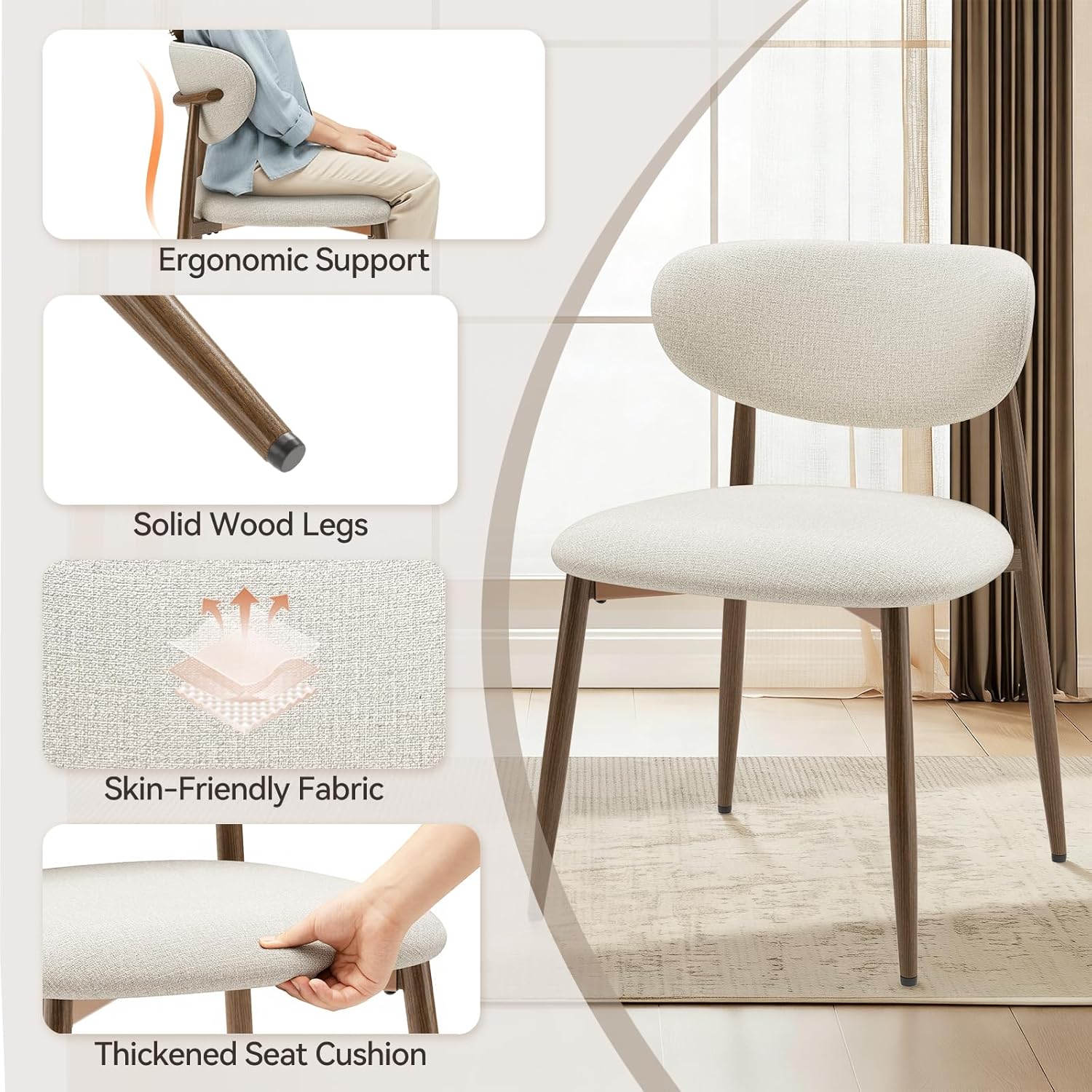 MALOL Dining Chairs Set of 4, Curved Back Kitchen Room Chairs with Metal Legs and Anti Slip Pads, Upholstered Dining Chair for Home and Restaurant, Beige