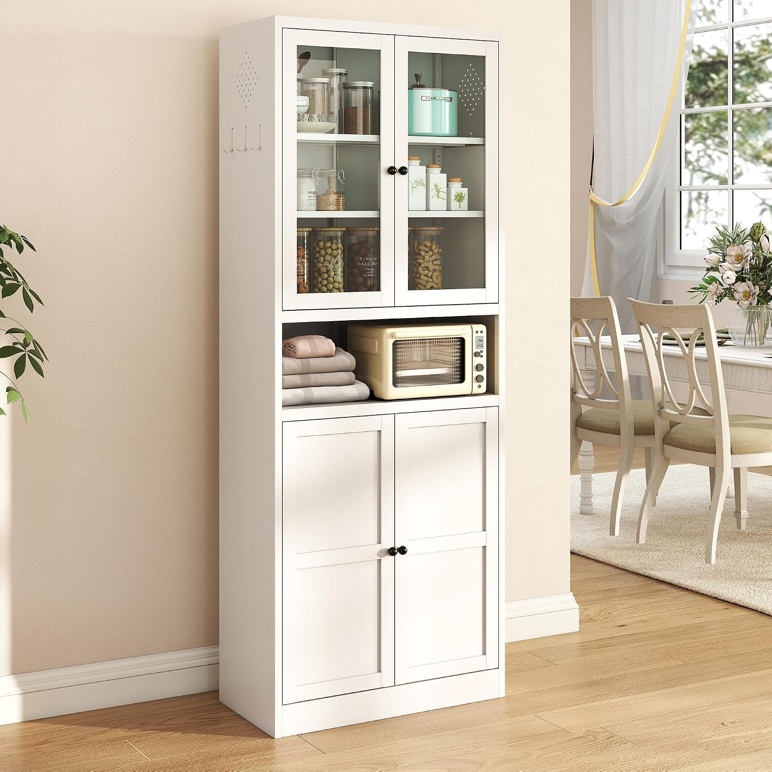 72" Tall Metal Kitchen Pantry Cabinet with Glass Doors & Adjustable Shelves, Freestanding Storage Cabinet Credenza Organizer Utility Cupboard for Pantry, Kitchen, Bathroom