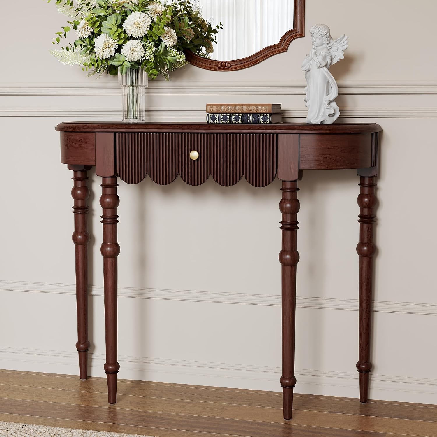 Solid Wood Console Table with Drawer – Dark Walnut Entryway Table with Scalloped Edge and Straight Legs, Narrow Accent Sofa Table for Living Room or Hallway(Dark Walnut)