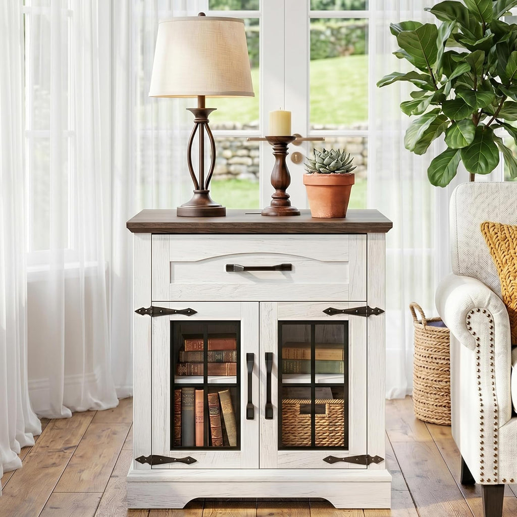 Farmhouse End Table Set of 2 with Charging Station,24'' Side Table with Drawer and Door for Living Room,Rustic Wooden Square Nightstand for Bedroom,Bedside Table with Storage for Home, Off White