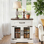 Farmhouse End Table Set of 2 with Charging Station,24'' Side Table with Drawer and Door for Living Room,Rustic Wooden Square Nightstand for Bedroom,Bedside Table with Storage for Home, Off White