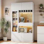 iPormis 69" Tall Kitchen Pantry Storage Cabinet with LED Light & Outlet, Kitchen Hutch with Glass Door & Wine Rack & Microwave Stand & Adjustable Shelf, Coffee Bar Hutch with Countertop, White