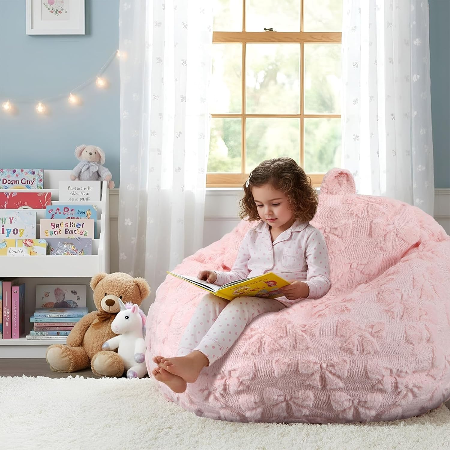 Gilprop Pink Bow Stuffed Animal Storage Bean Bag Chair Cover (No Filler) Fluffy Fuzzy Plush Bean Bag Chair for Teens Adults Soft Faux Cover for Organizing Plush Toys Clothes Home Supplies
